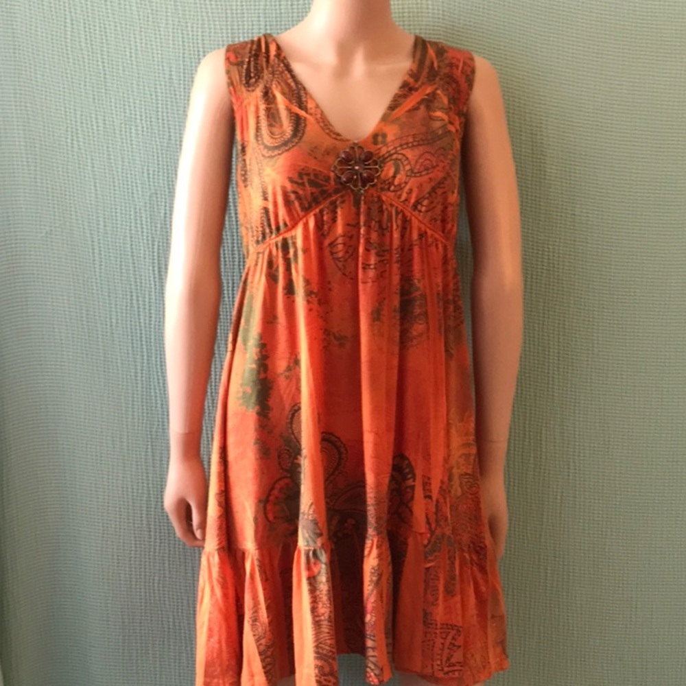 Orange dress, interesting print, size S.